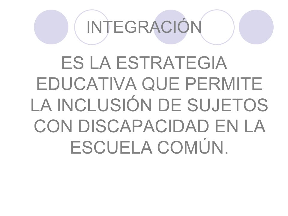 INTEGRACIÓN ES LA ESTRATEGIA EDUCATIVA QUE PERMITE LA INCLUSIÓN DE SUJETOS CON DISCAPACIDAD EN LA ESCUELA COMÚN.