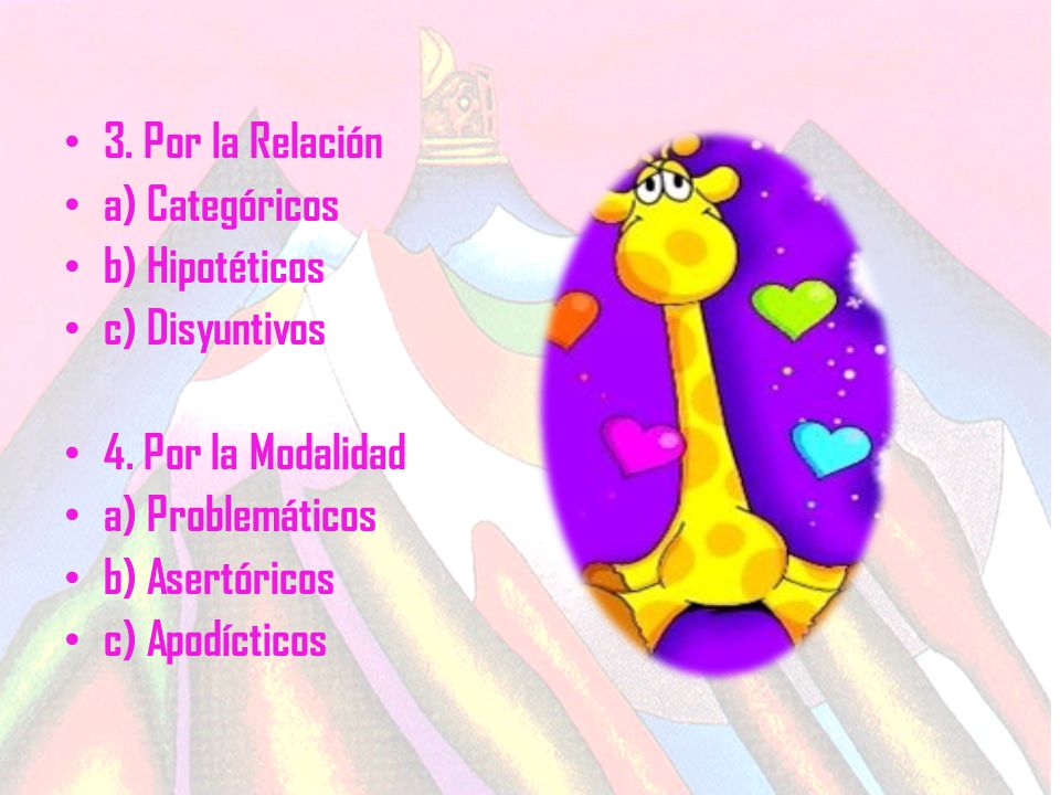 3. Por la Relación a) Categóricos. b) Hipotéticos. c) Disyuntivos. 4. Por la Modalidad. a) Problemáticos.