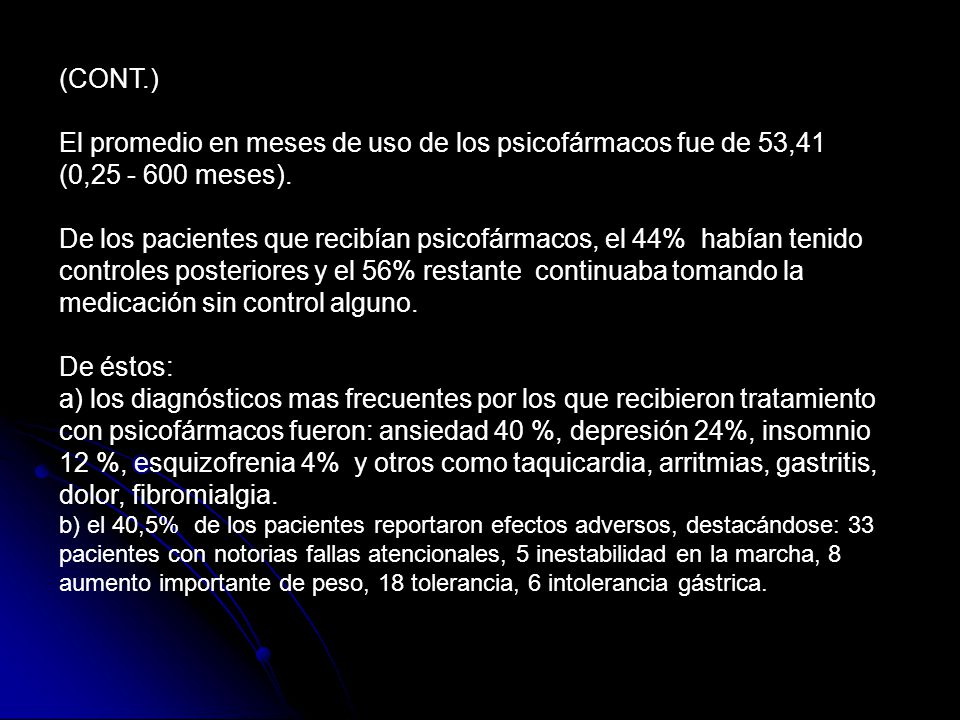 (CONT.) El promedio en meses de uso de los psicofármacos fue de 53,41 (0, meses).