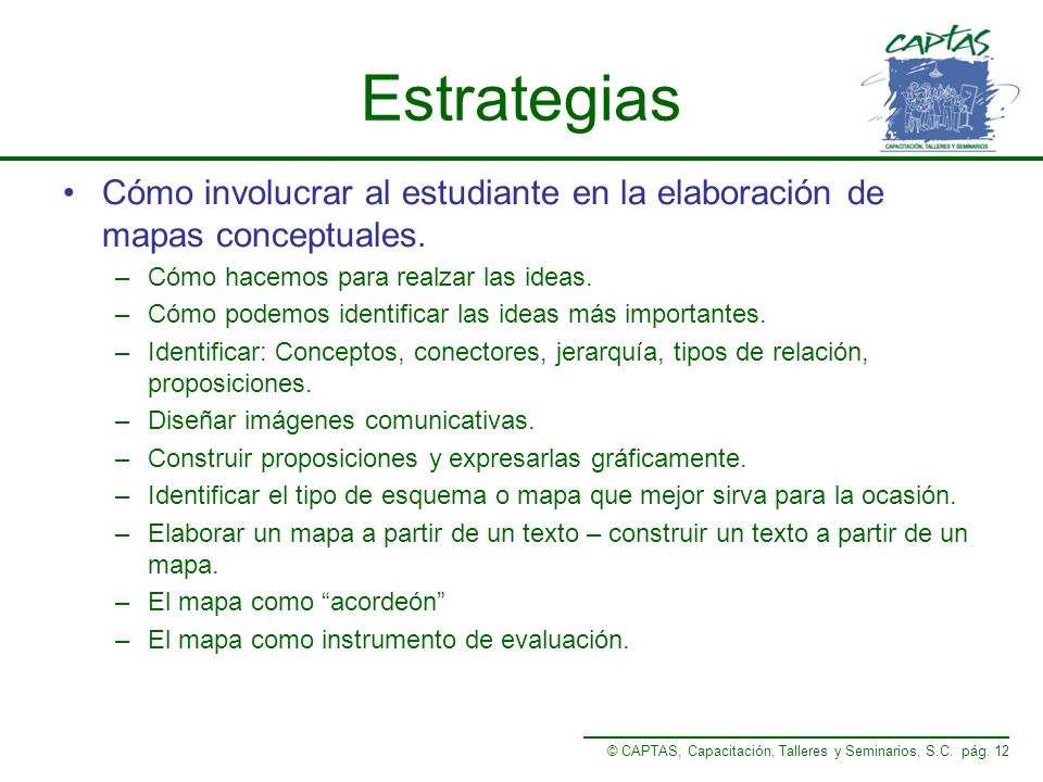 Estrategias Cómo involucrar al estudiante en la elaboración de mapas conceptuales. Cómo hacemos para realzar las ideas.