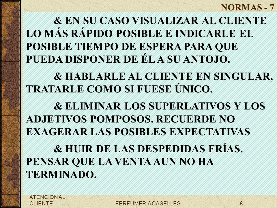 & HABLARLE AL CLIENTE EN SINGULAR, TRATARLE COMO SI FUESE ÚNICO.