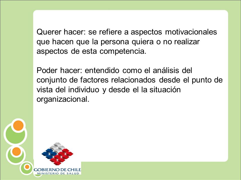Querer hacer: se refiere a aspectos motivacionales que hacen que la persona quiera o no realizar aspectos de esta competencia.