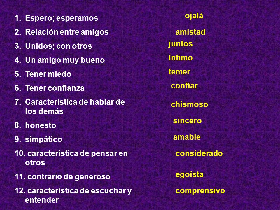 ojalá Espero; esperamos. Relación entre amigos. Unidos; con otros. Un amigo muy bueno. Tener miedo.