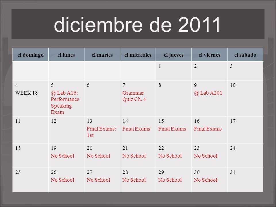 diciembre de 2011 el domingo el lunes el martes el miércoles el jueves