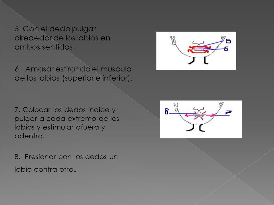 5. Con el dedo pulgar alrededor de los labios en ambos sentidos.