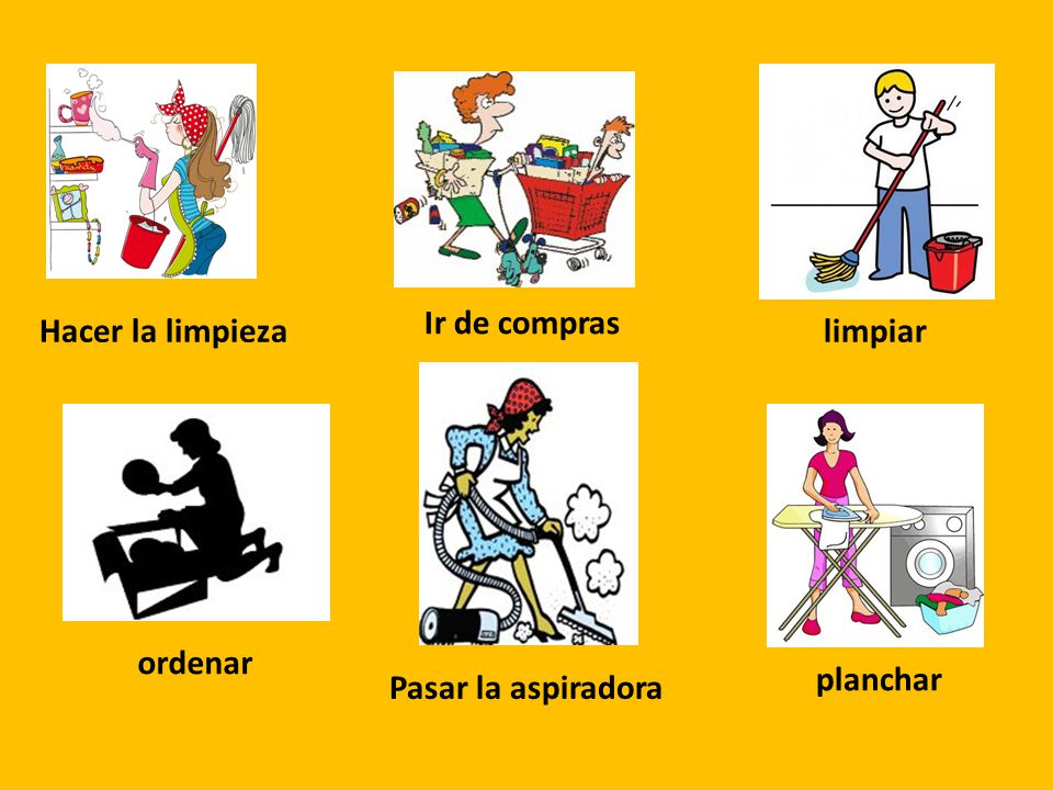 Ir de compras Hacer la limpieza limpiar ordenar planchar Pasar la aspiradora