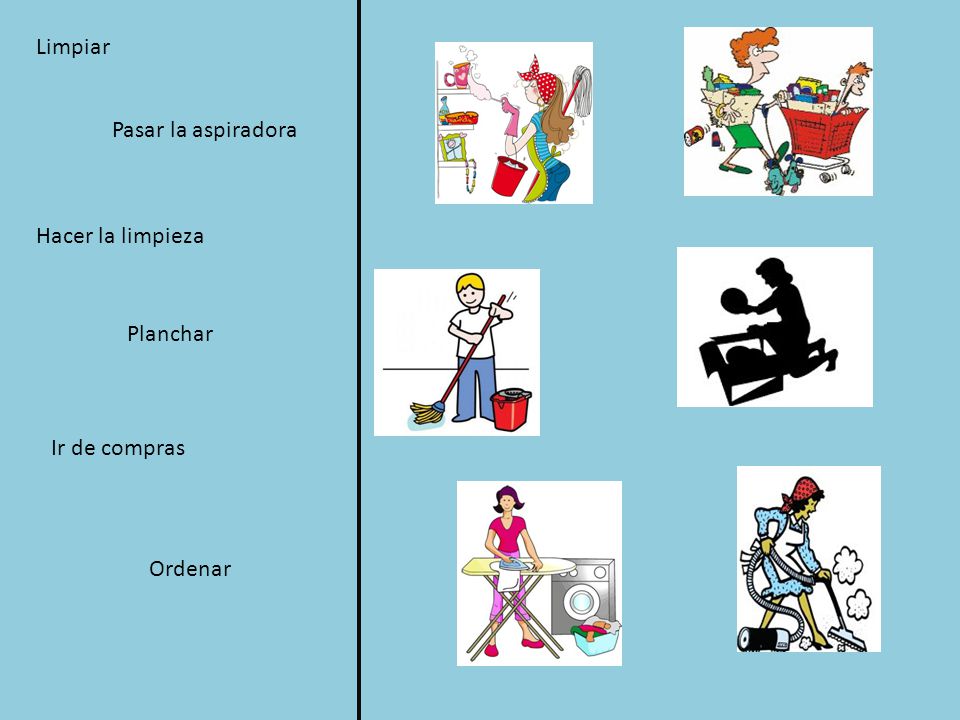Limpiar Pasar la aspiradora Hacer la limpieza Planchar Ir de compras Ordenar