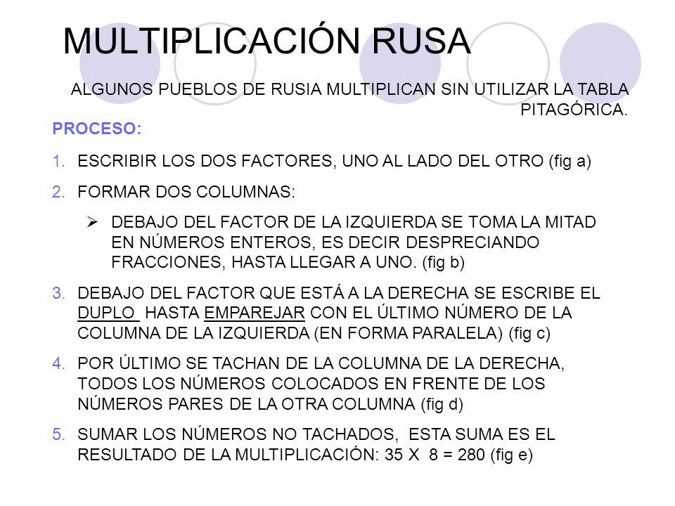 MULTIPLICACIÓN RUSA ALGUNOS PUEBLOS DE RUSIA MULTIPLICAN SIN UTILIZAR LA TABLA PITAGÓRICA. PROCESO: