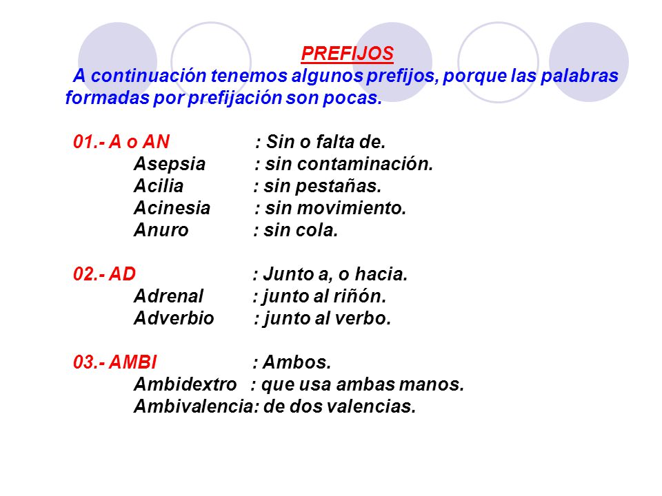 PREFIJOS A continuación tenemos algunos prefijos, porque las palabras formadas por prefijación son pocas.