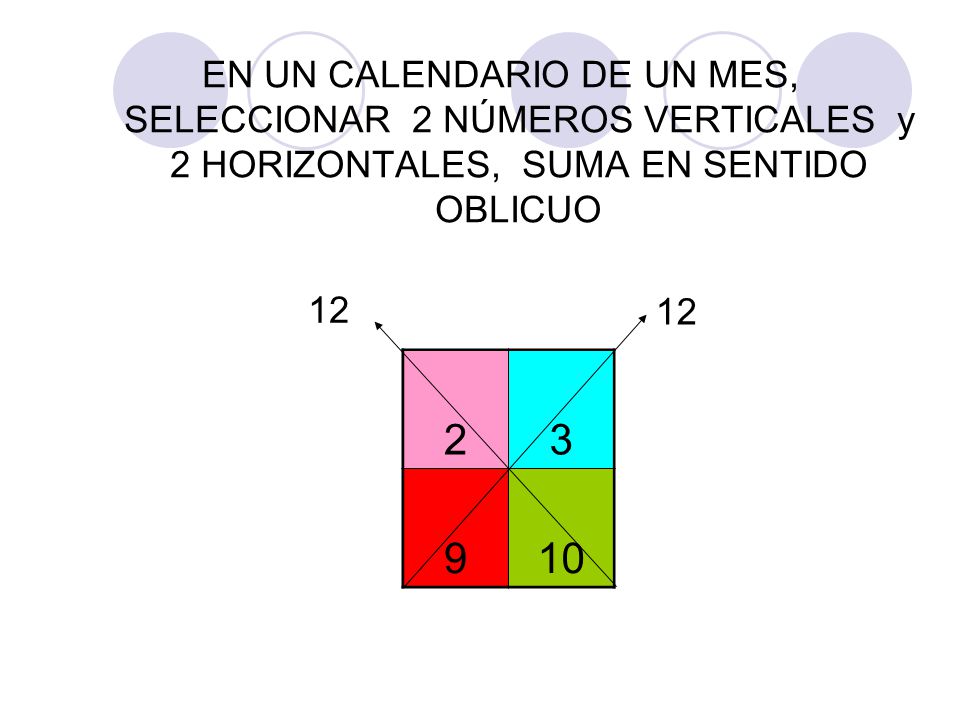 EN UN CALENDARIO DE UN MES, SELECCIONAR 2 NÚMEROS VERTICALES y 2 HORIZONTALES, SUMA EN SENTIDO OBLICUO