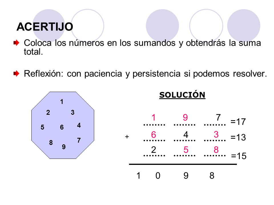 ACERTIJO Coloca los números en los sumandos y obtendrás la suma total.