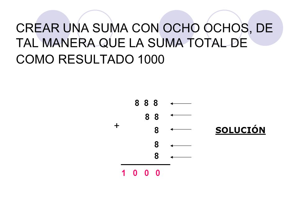 CREAR UNA SUMA CON OCHO OCHOS, DE TAL MANERA QUE LA SUMA TOTAL DE COMO RESULTADO 1000