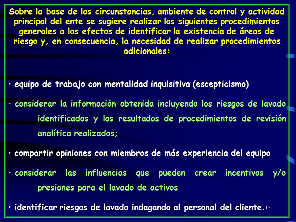 Sobre la base de las circunstancias, ambiente de control y actividad principal del ente se sugiere realizar los siguientes procedimientos generales a los efectos de identificar la existencia de áreas de riesgo y, en consecuencia, la necesidad de realizar procedimientos adicionales: