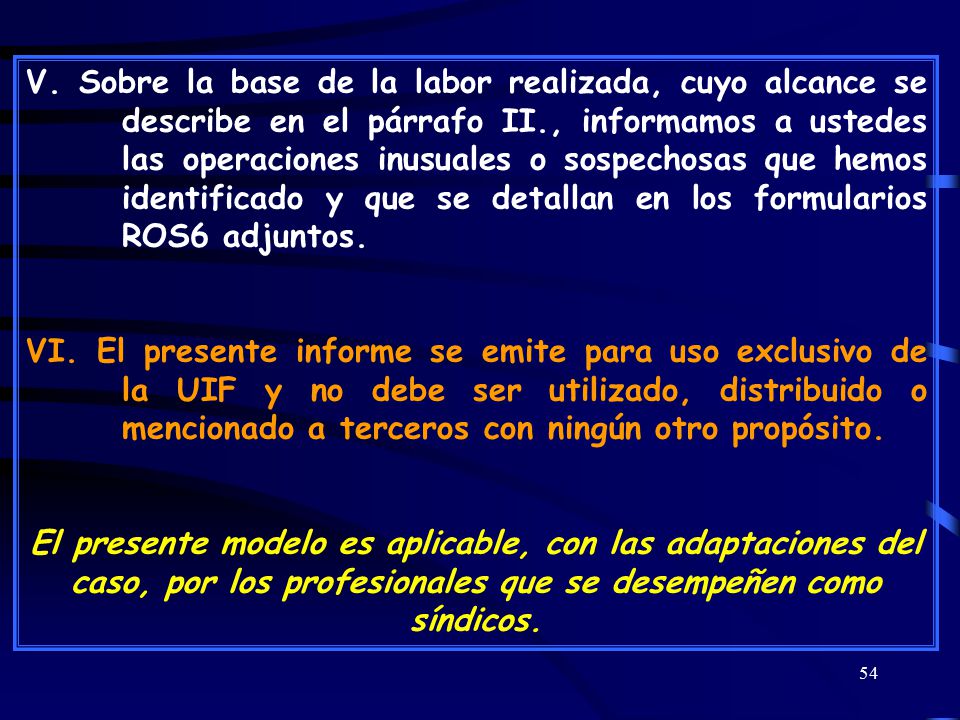 V. Sobre la base de la labor realizada, cuyo alcance se