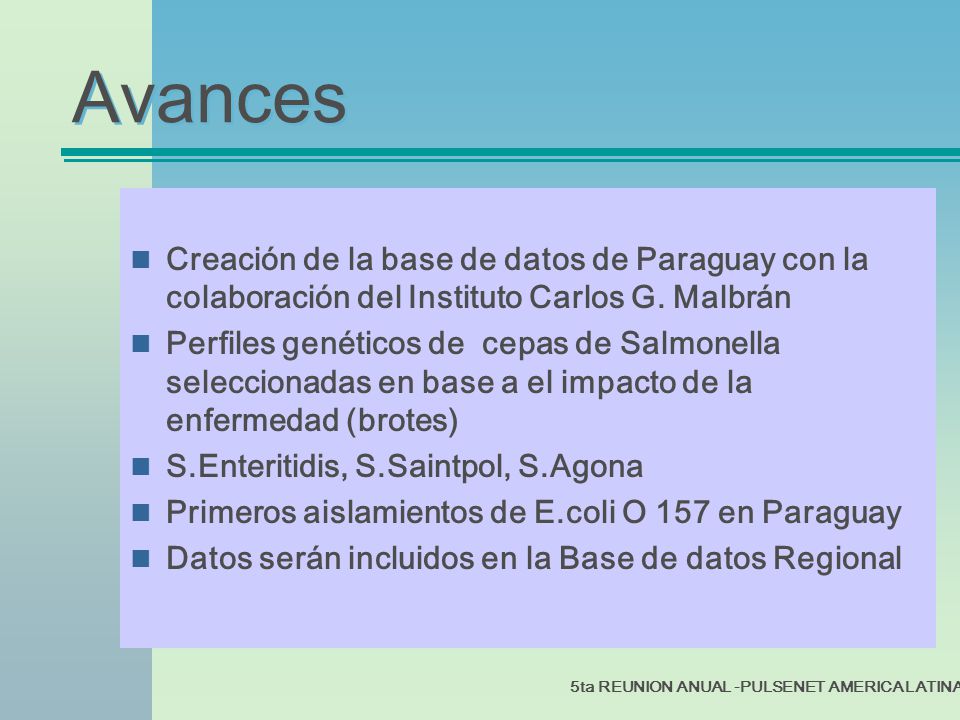 Avances Creación de la base de datos de Paraguay con la colaboración del Instituto Carlos G. Malbrán.