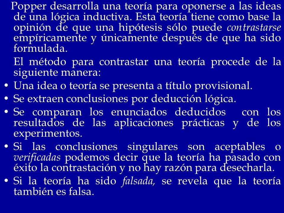 Popper desarrolla una teoría para oponerse a las ideas de una lógica inductiva. Esta teoría tiene como base la opinión de que una hipótesis sólo puede contrastarse empíricamente y únicamente después de que ha sido formulada.