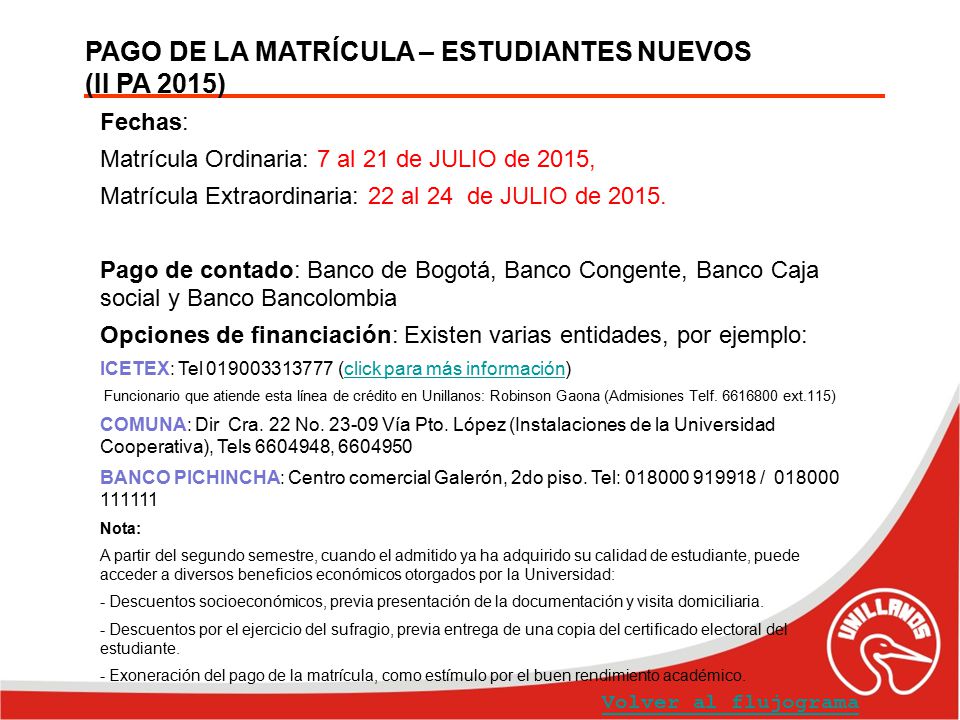 PAGO DE LA MATRÍCULA – ESTUDIANTES NUEVOS (II PA 2015)