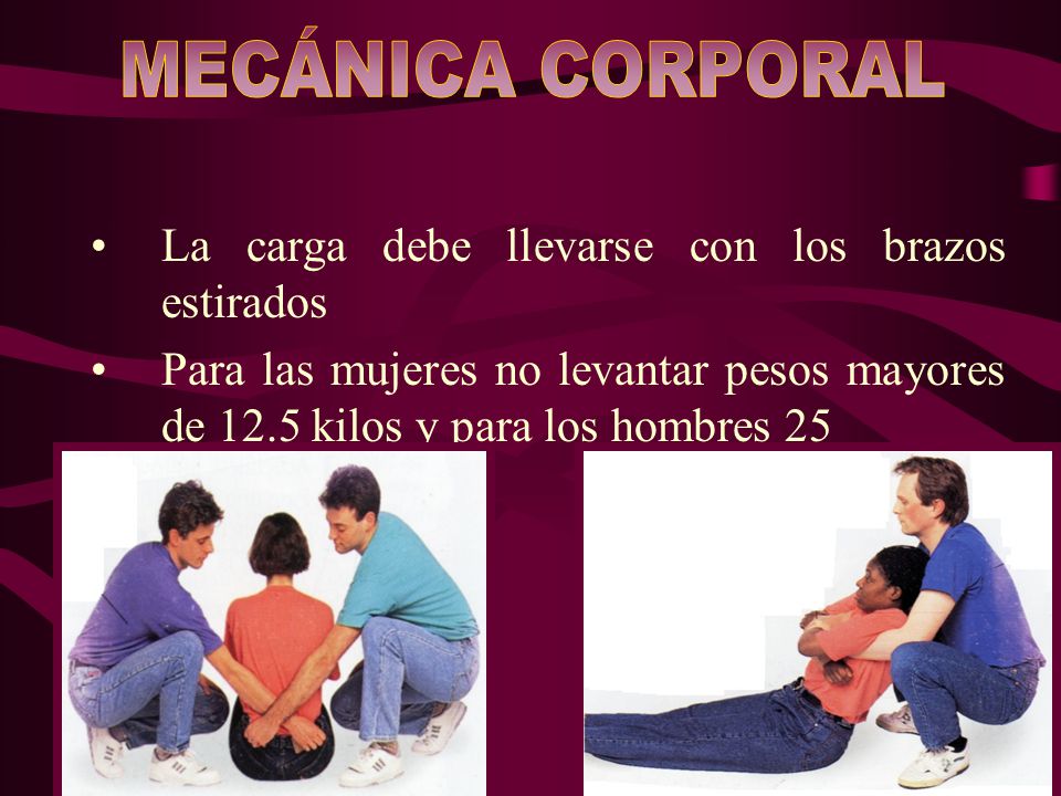 MECÁNICA CORPORAL La carga debe llevarse con los brazos estirados