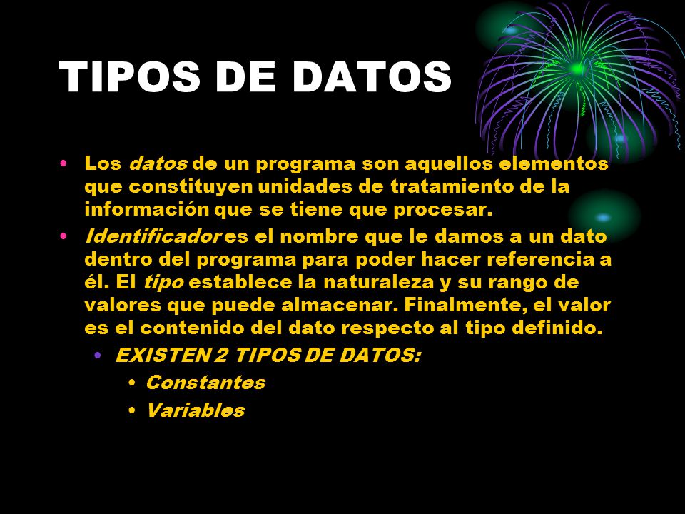TIPOS DE DATOS Los datos de un programa son aquellos elementos que constituyen unidades de tratamiento de la información que se tiene que procesar.
