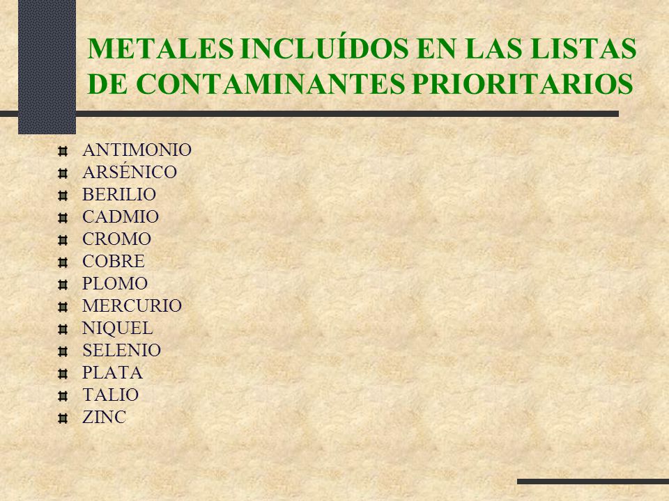 METALES INCLUÍDOS EN LAS LISTAS DE CONTAMINANTES PRIORITARIOS