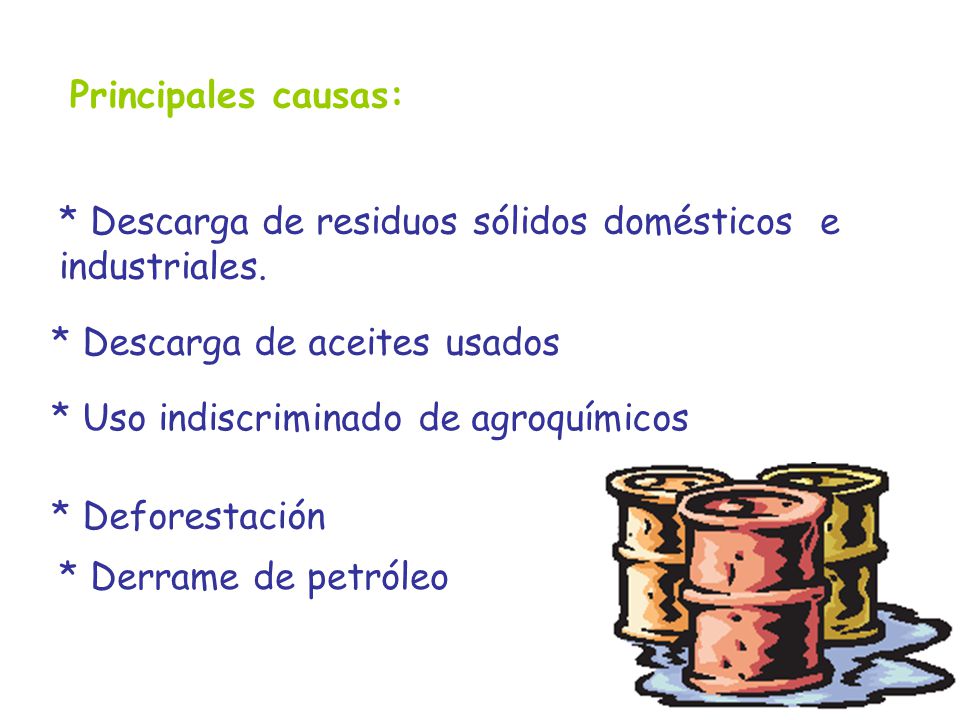 Principales causas: * Descarga de residuos sólidos domésticos e industriales. * Descarga de aceites usados.