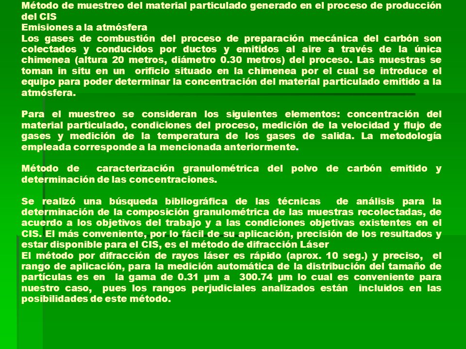 Método de muestreo del material particulado generado en el proceso de producción del CIS