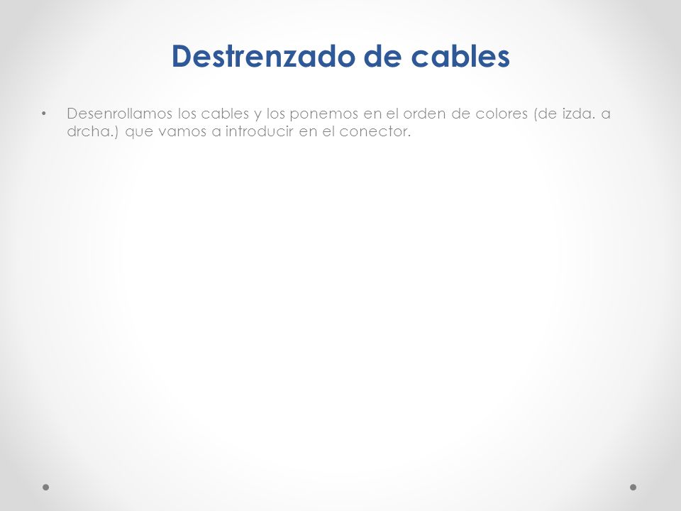 Destrenzado de cables Desenrollamos los cables y los ponemos en el orden de colores (de izda.