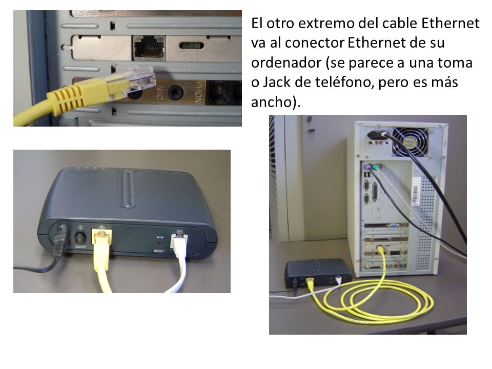 El otro extremo del cable Ethernet va al conector Ethernet de su ordenador (se parece a una toma o Jack de teléfono, pero es más ancho).