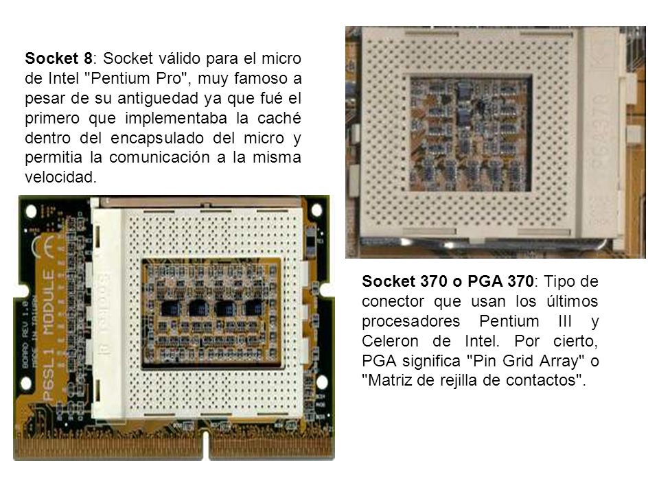 Socket 8: Socket válido para el micro de Intel Pentium Pro , muy famoso a pesar de su antiguedad ya que fué el primero que implementaba la caché dentro del encapsulado del micro y permitia la comunicación a la misma velocidad.