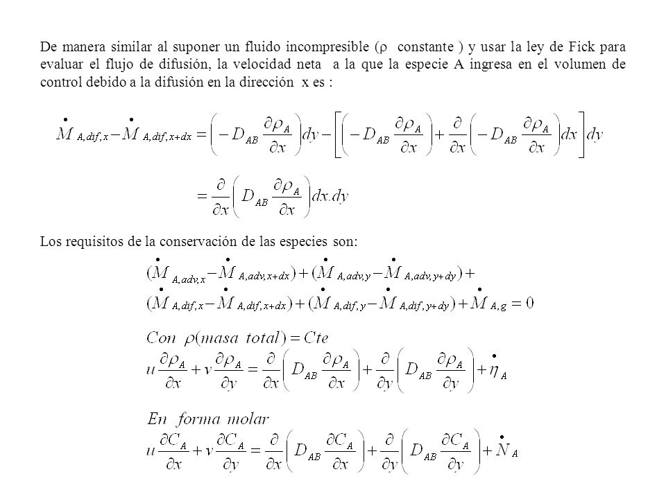 De manera similar al suponer un fluido incompresible ( constante ) y usar la ley de Fick para evaluar el flujo de difusión, la velocidad neta a la que la especie A ingresa en el volumen de control debido a la difusión en la dirección x es :