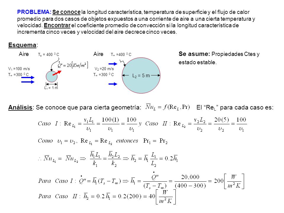 PROBLEMA: Se conoce la longitud característica, temperatura de superficie y el flujo de calor promedio para dos casos de objetos expuestos a una corriente de aire a una cierta temperatura y velocidad. Encontrar el coeficiente promedio de convección si la longitud característica de incrementa cinco veces y velocidad del aire decrece cinco veces.