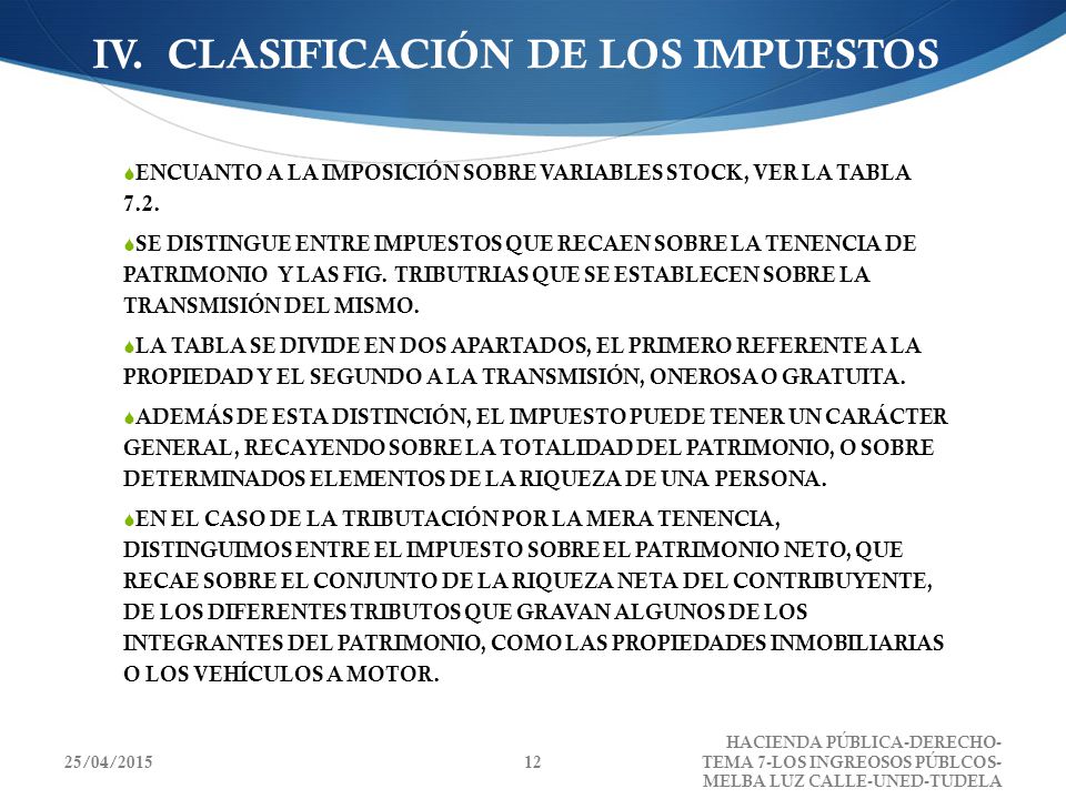 IV. CLASIFICACIÓN DE LOS IMPUESTOS