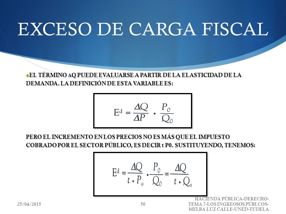 EXCESO DE CARGA FISCAL EL TÉRMINO ΔQ PUEDE EVALUARSE A PARTIR DE LA ELASTICIDAD DE LA DEMANDA. LA DEFINICIÓN DE ESTA VARIABLE ES: