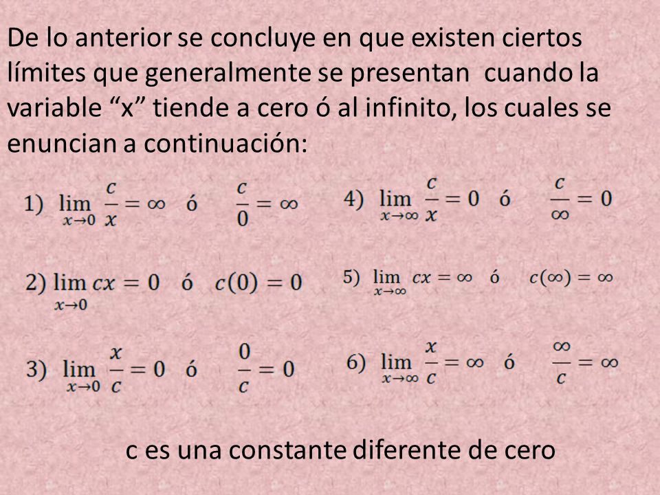 De lo anterior se concluye en que existen ciertos límites que generalmente se presentan cuando la variable x tiende a cero ó al infinito, los cuales se enuncian a continuación: