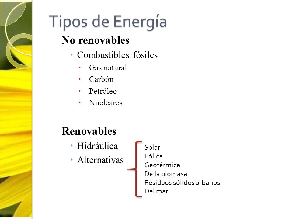 Tipos de Energía No renovables Renovables Combustibles fósiles