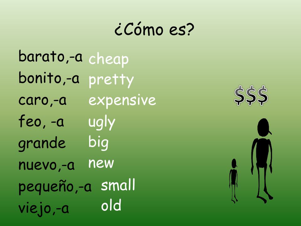 ¿Cómo es barato,-a bonito,-a caro,-a feo, -a grande nuevo,-a pequeño,-a viejo,-a cheap. pretty.