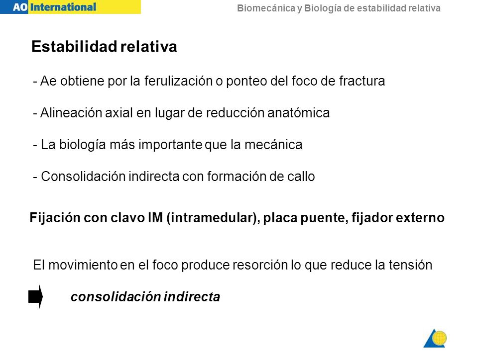 Estabilidad relativa - Ae obtiene por la ferulización o ponteo del foco de fractura. - Alineación axial en lugar de reducción anatómica.