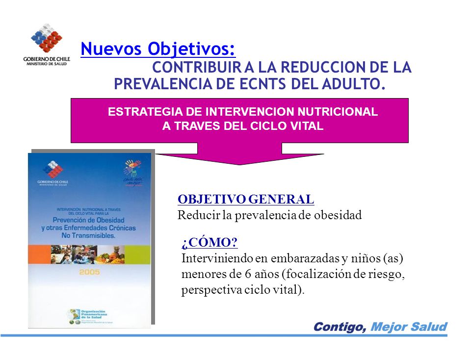 Nuevos Objetivos: CONTRIBUIR A LA REDUCCION DE LA PREVALENCIA DE ECNTS DEL ADULTO. ESTRATEGIA DE INTERVENCION NUTRICIONAL.