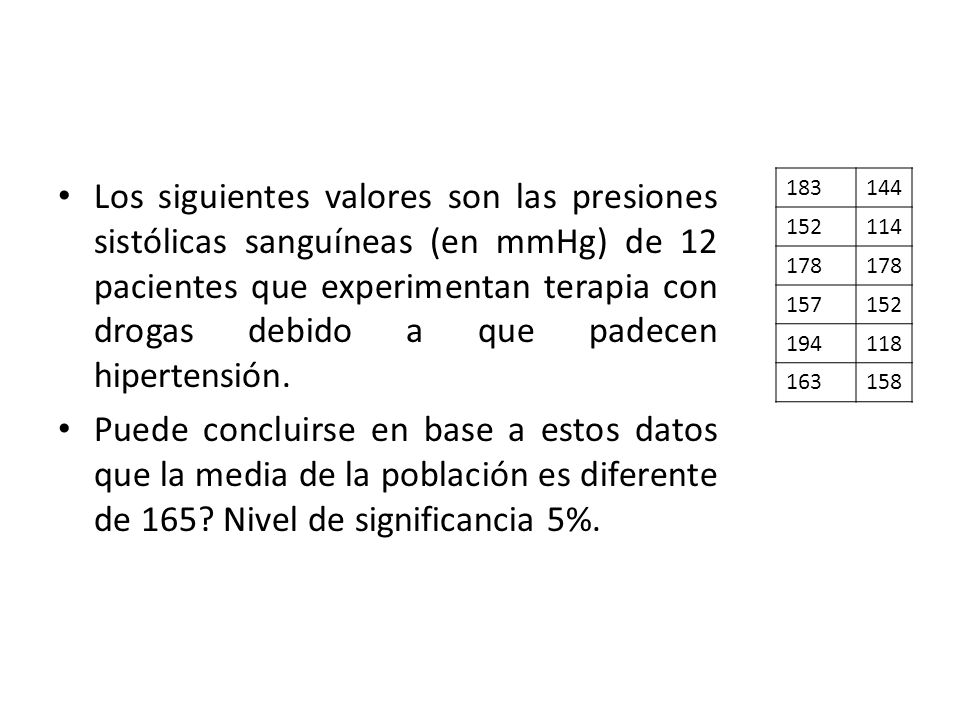 Los siguientes valores son las presiones sistólicas sanguíneas (en mmHg) de 12 pacientes que experimentan terapia con drogas debido a que padecen hipertensión.