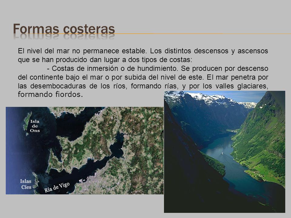 Formas costeras El nivel del mar no permanece estable. Los distintos descensos y ascensos que se han producido dan lugar a dos tipos de costas: