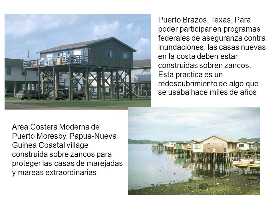 Puerto Brazos, Texas, Para poder participar en programas federales de aseguranza contra inundaciones, las casas nuevas en la costa deben estar construidas sobren zancos. Esta practica es un redescubrimiento de algo que se usaba hace miles de años