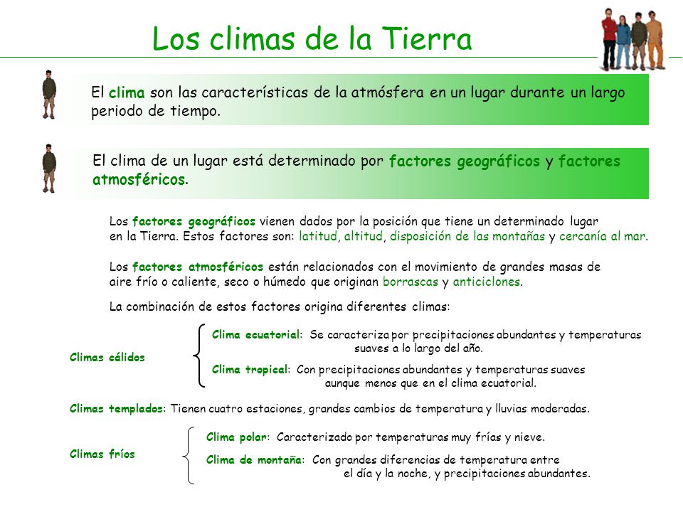 Los climas de la Tierra El clima son las características de la atmósfera en un lugar durante un largo periodo de tiempo.