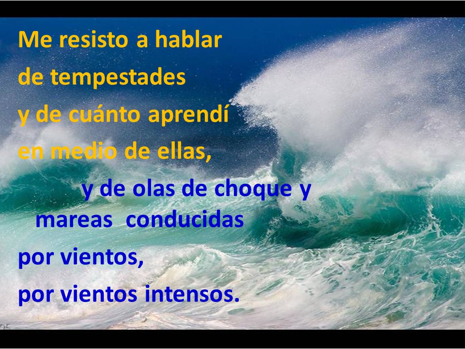 Me resisto a hablar de tempestades. y de cuánto aprendí. en medio de ellas, y de olas de choque y mareas conducidas.