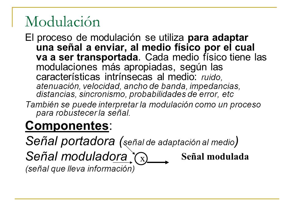 Modulación Componentes: Señal portadora (señal de adaptación al medio)