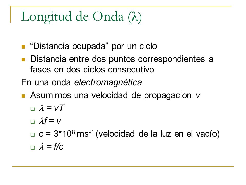 Longitud de Onda () Distancia ocupada por un ciclo