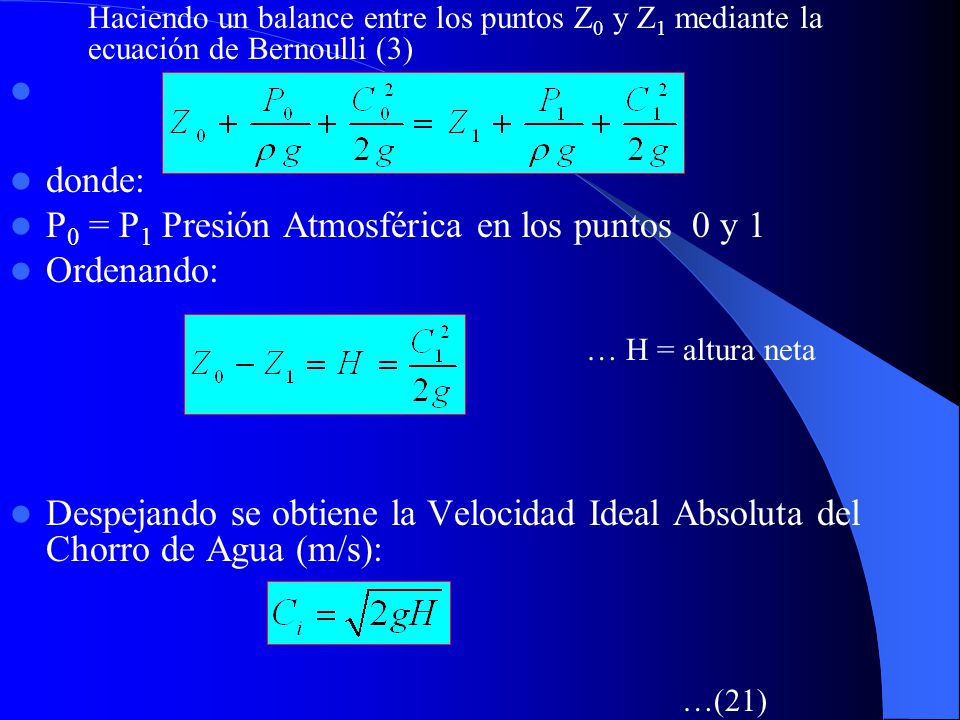 P0 = P1 Presión Atmosférica en los puntos 0 y 1 Ordenando:
