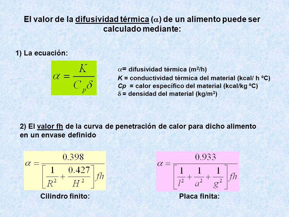 El valor de la difusividad térmica () de un alimento puede ser calculado mediante: