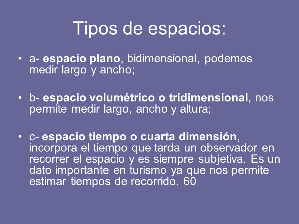 Tipos de espacios: a- espacio plano, bidimensional, podemos medir largo y ancho;