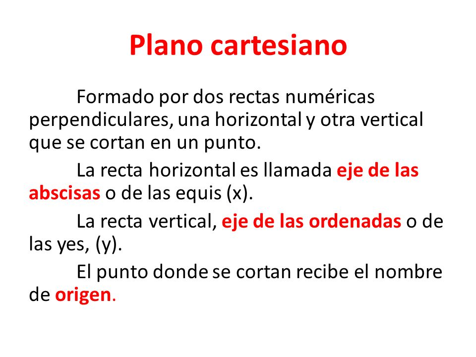 Plano cartesiano Formado por dos rectas numéricas perpendiculares, una horizontal y otra vertical que se cortan en un punto.