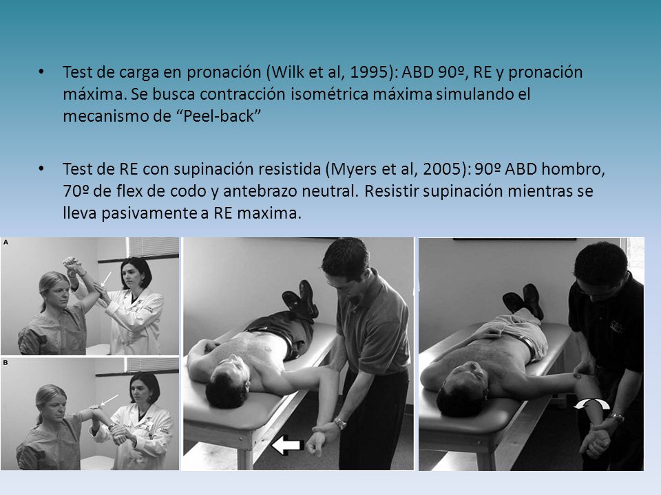 Test de carga en pronación (Wilk et al, 1995): ABD 90º, RE y pronación máxima. Se busca contracción isométrica máxima simulando el mecanismo de Peel-back